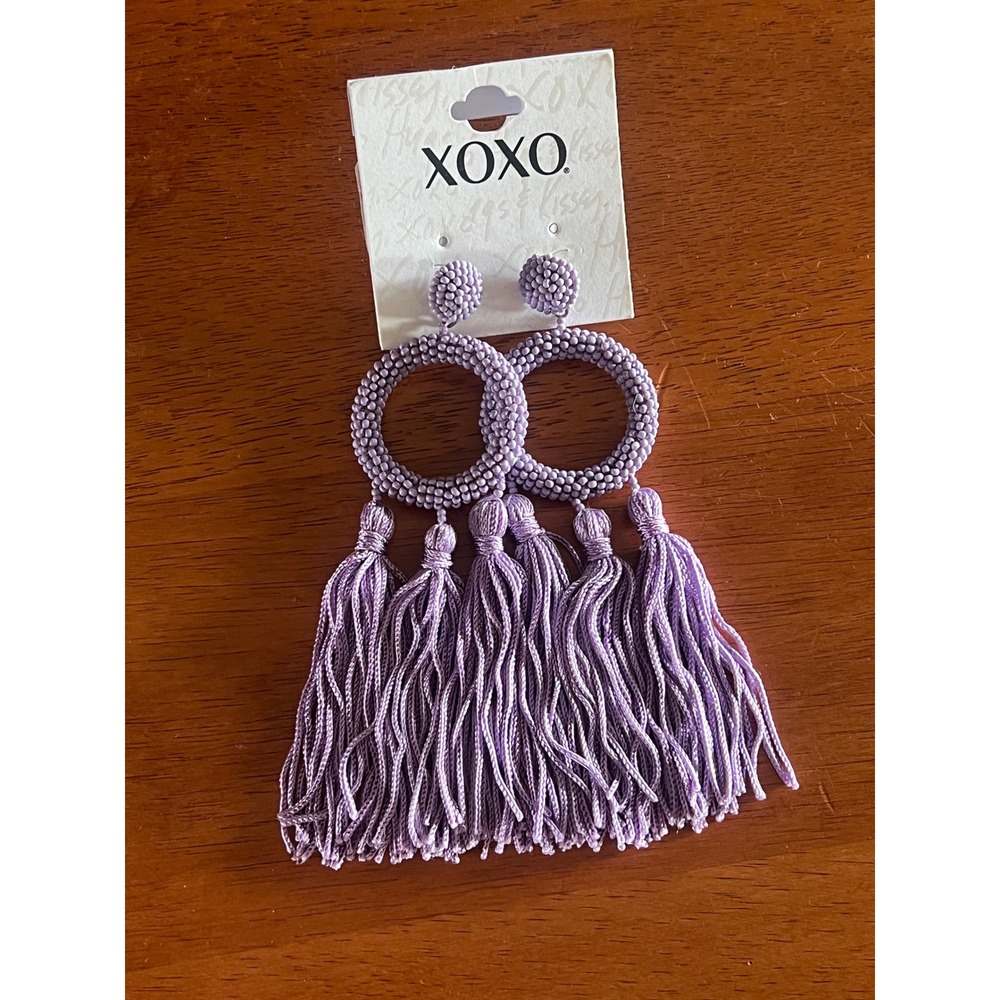 XOXO Lavender Purple Beaded Hoop Tassel Drop Statement Earrings Boho Summer
